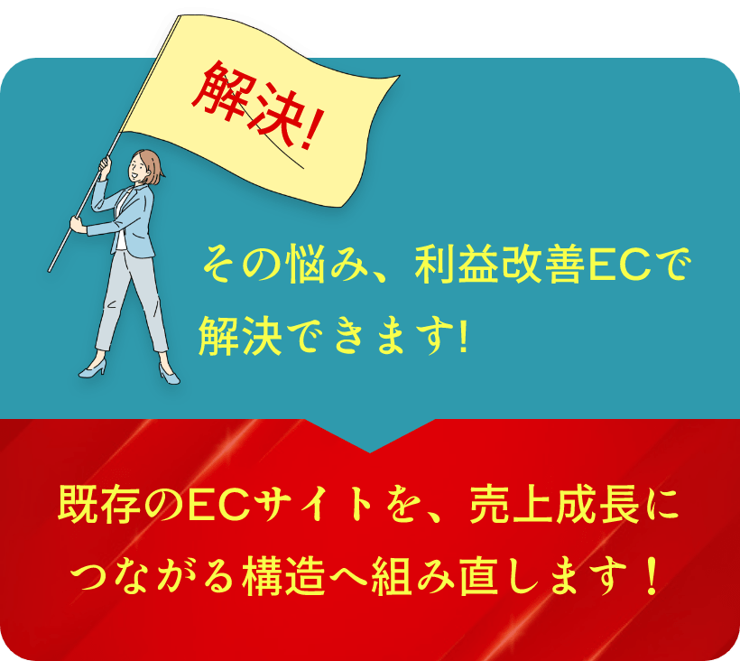 解決! その悩み、利益改善ECで解決できます! 既存のECサイトを、売上成長につながる構造へ組み直します！